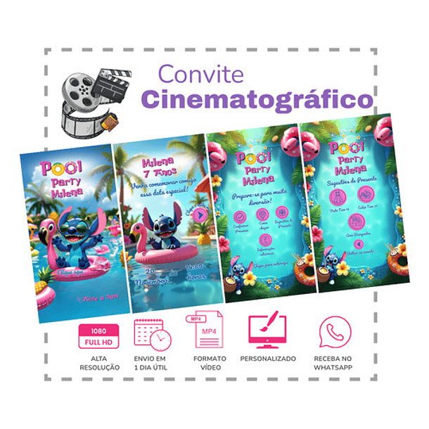 Convite Digital Animado Stitch Pool Party Azul-celeste 2