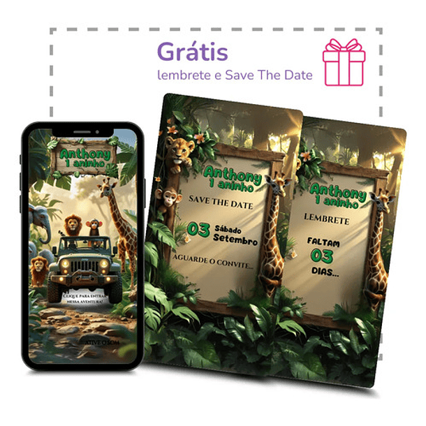 Convite Digital Animado Safari Aniversário Verde-escuro 6