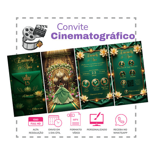 Convite Interativo Animado 15 Anos Princesa Tiana  Verde 2
