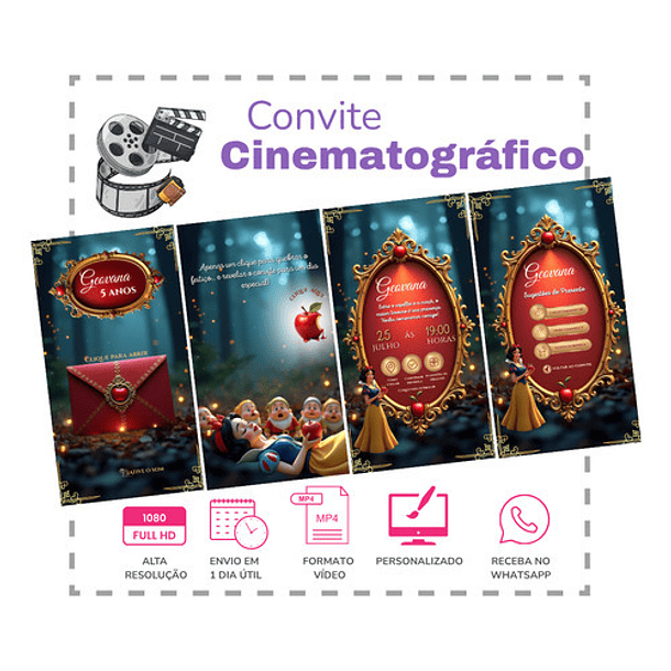 Convite Branca De Neve Interativo Animado + Brindes Vermelho 2