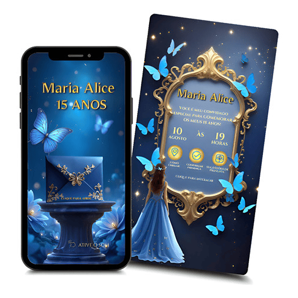 Convite Interativo 15 Anos Borboleta Azul-escuro 1