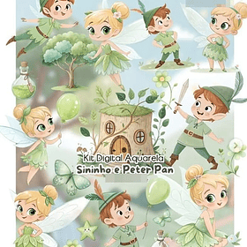 Kit Digital Sininho e Perter Pan Aquarela em Png