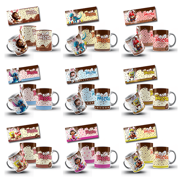 50 Artes para Caneca Páscoa Princesas, Heróis e Diversos Arquivo em Jpg