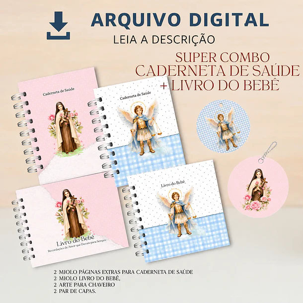 Arquivo Encadernação Combo Marternidade Cardeneta de Saúde + Livro do Bebê São Miguel Arcanjo e Santa Teresinha