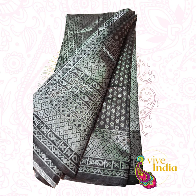 Sari diseño banarasi - color negro con bordados gris plateado