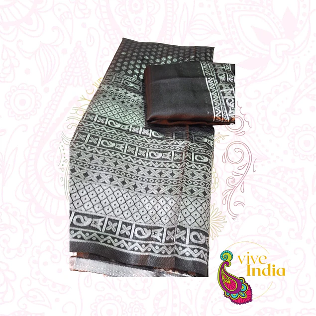 Sari diseño banarasi - color negro con bordados gris plateado