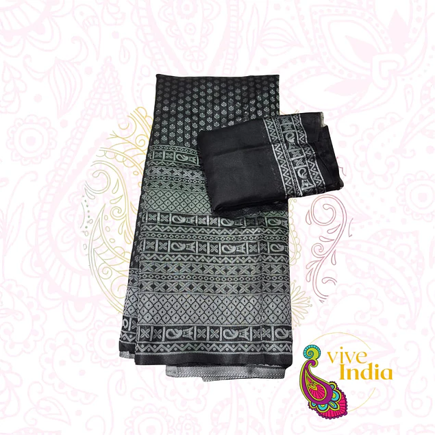 Sari diseño banarasi - color negro con bordados gris plateado