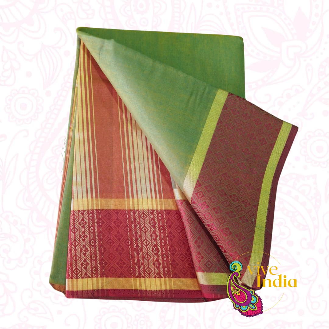 Sari de algodón con bordados  Verde con burdeo