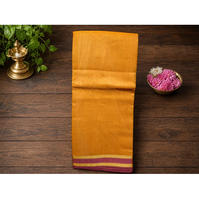 Sari de algodón mixto con bordados  Color Mostaza con borde fucsia