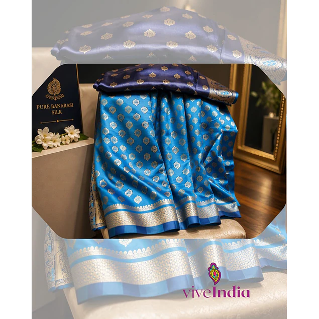 Sari diseño Banarasi   Color Celeste con borde azul dorado
