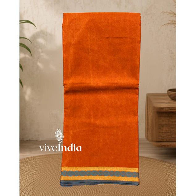 Sari de algodón mixto con bordados  Color naranja con borde verde y amarillo,