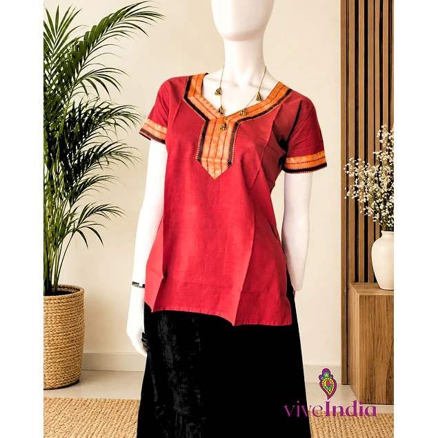 Kurti de algodón con bordados-Rojo