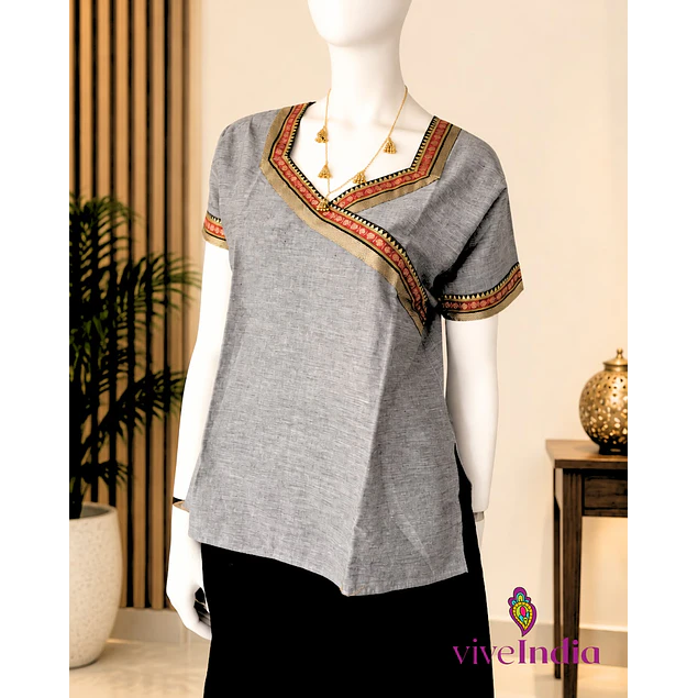 Kurti de algodón con bordados-Gris-"TALLA M"