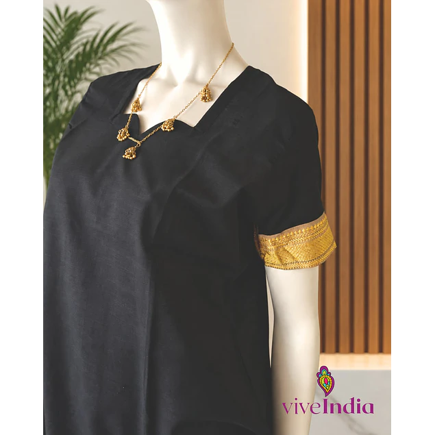 Kurti manga corta - algodón con bordados - negro- "TALLA L"