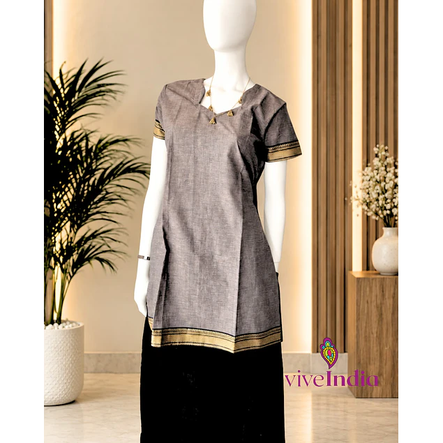 Kurti manga corta - algodón con bordados - gris con destellos café "TALLA L" 