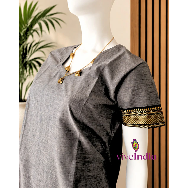 Kurti manga corta - algodón con bordados - gris con destellos café "TALLA L" 