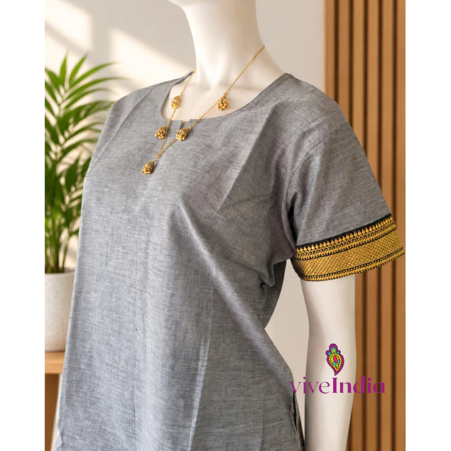 Kurti manga corta - algodón con bordados - gris claro - "TALLA L"
