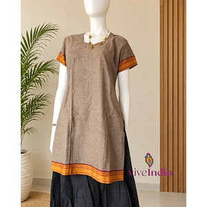 Kurti manga corta - algodón con bordados - café con destellos negros-"TALLA L"