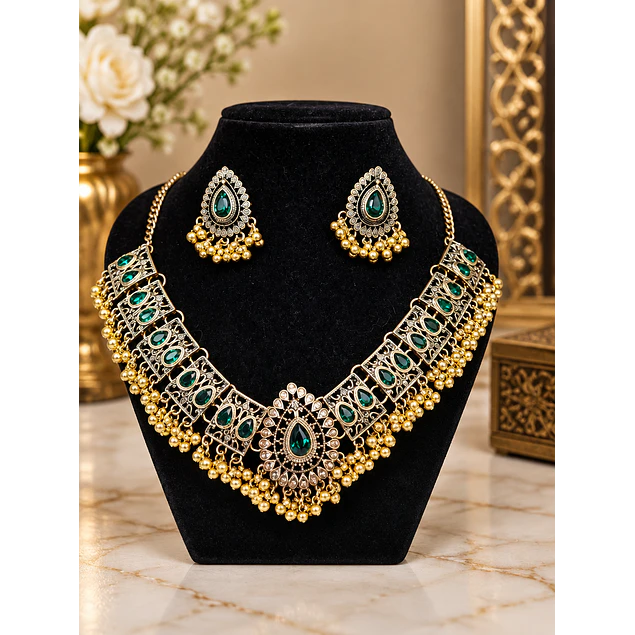 Set Collar + aros - verde con dorado