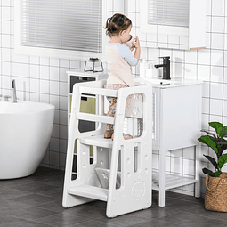 Torre de aprendizagem para crianças com altura ajustável em 3 posições e plataforma antiderrapante para cozinha sala de jantar casa de banho 47x47x90cm branco