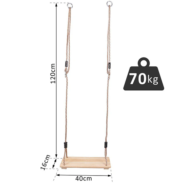 Baloiço infantil de madeira com assento de corda 40x16cm para adultos e crianças