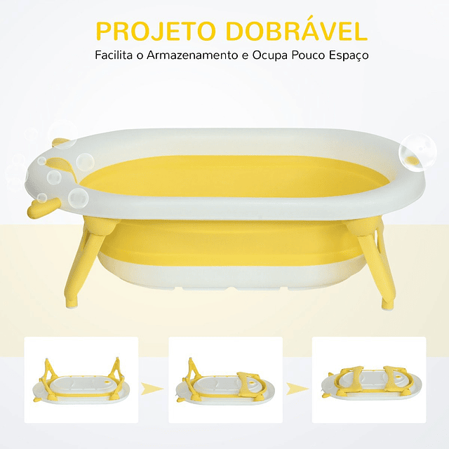 Banheira para bebé recém nascido até 3 anos dobrável 30 litros com tampa termossensível e almofada confortável almofadas antiderrapantes 81,5×50,5×23,5cm amarelo e branco