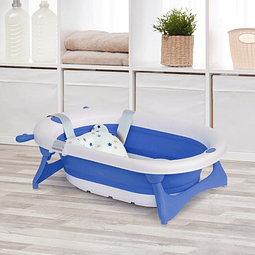 Banheira para bebé recém nascido até 3 anos dobrável 30 litros com tampa termossensível e almofada confortável almofadas antiderrapantes 81,5×50,5×23,5cm azul e branco