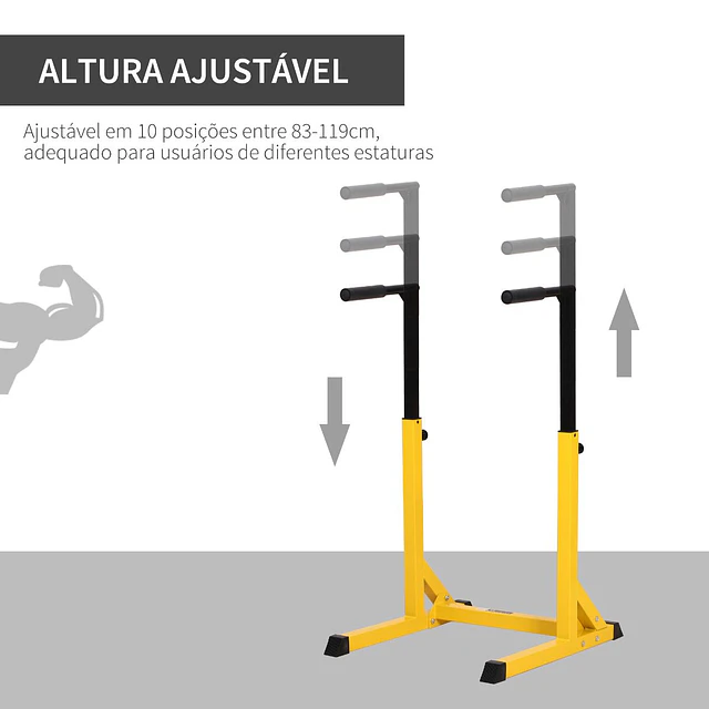 Estação dip de musculação barras com altura ajustável suporte para treinar abdominais costas carga máx. 100kg 66x75x83-119cm amarelo