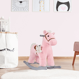 Cavalo baloiço para crianças de 18-36 meses cavalo de balançar com ursinho de pelúcia sons de relinchos e galopes base de madeira 65x26x55cm rosa