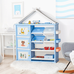 Estante infantil de brinquedos com armário prateleiras 4 caixas e 3 cestas organizadoras de armazenamento para habitação de crianças sala de jogos 128x34x155cm azul