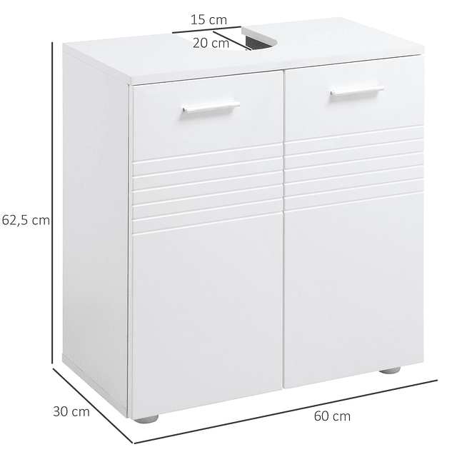 Móvel para lavatório móvel de casa de banho com 2 portas e prateleira interior ajustável estilo moderno 60x30x62,5cm branco