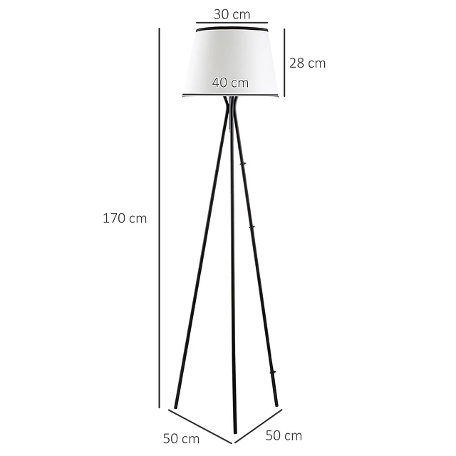 Candeeiro de pé para sala de estar com tripé de metal ecrã de tecido suporte para lâmpada e27 máx. 40w e interruptor de pé desenho moderno para dormitório 50x50x170cm branco e preto