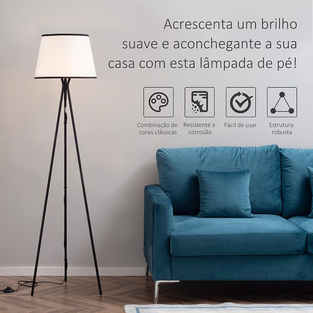 Candeeiro de pé para sala de estar com tripé de metal ecrã de tecido suporte para lâmpada e27 máx. 40w e interruptor de pé desenho moderno para dormitório 50x50x170cm branco e preto