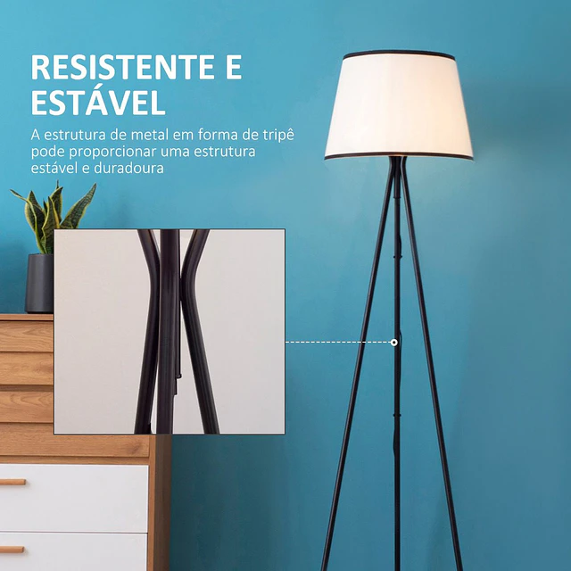 Candeeiro de pé para sala de estar com tripé de metal ecrã de tecido suporte para lâmpada e27 máx. 40w e interruptor de pé desenho moderno para dormitório 50x50x170cm branco e preto