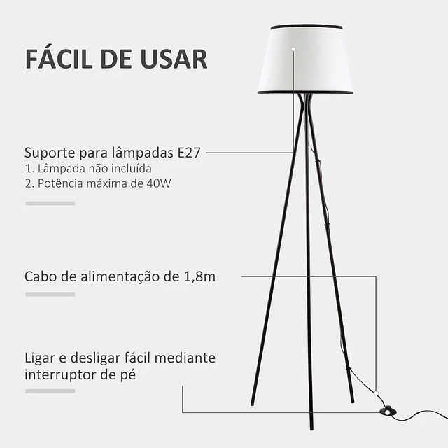 Candeeiro de pé para sala de estar com tripé de metal ecrã de tecido suporte para lâmpada e27 máx. 40w e interruptor de pé desenho moderno para dormitório 50x50x170cm branco e preto