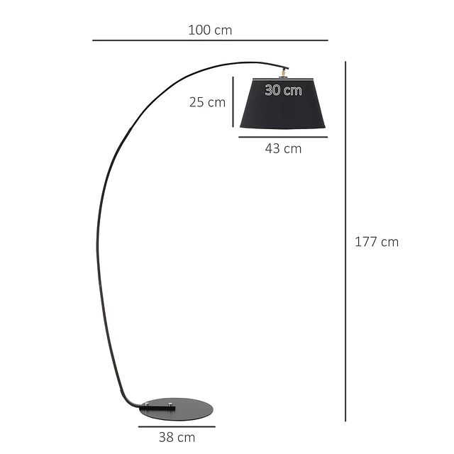 Candeeiro de pé em forma de arco moderno com ecrã suspenso de tecido suporte para lâmpada e27 máx.40w para sala de estar dormitórios estúdio 100x43x177cm preto