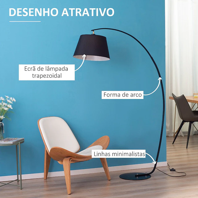 Candeeiro de pé em forma de arco moderno com ecrã suspenso de tecido suporte para lâmpada e27 máx.40w para sala de estar dormitórios estúdio 100x43x177cm preto