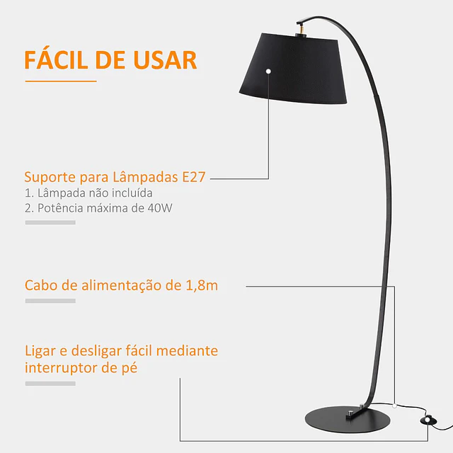 Candeeiro de pé em forma de arco moderno com ecrã suspenso de tecido suporte para lâmpada e27 máx.40w para sala de estar dormitórios estúdio 100x43x177cm preto