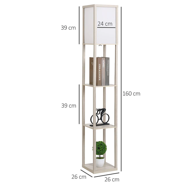 Candeeiro de pé de madeira com 3 prateleiras de armazenamento para lâmpada e27 potência máx. 40w candeeiro moderno para sala de estar dormitório 26x26x160cm carvalho e branco