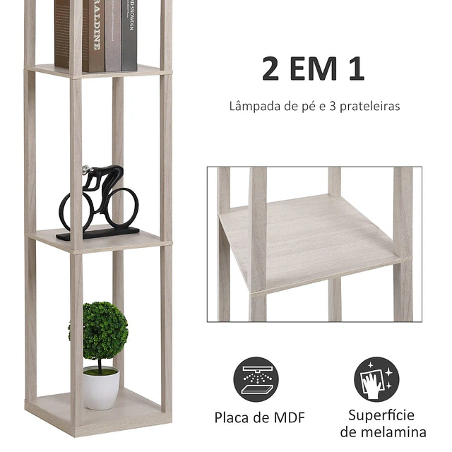 Candeeiro de pé de madeira com 3 prateleiras de armazenamento para lâmpada e27 potência máx. 40w candeeiro moderno para sala de estar dormitório 26x26x160cm carvalho e branco
