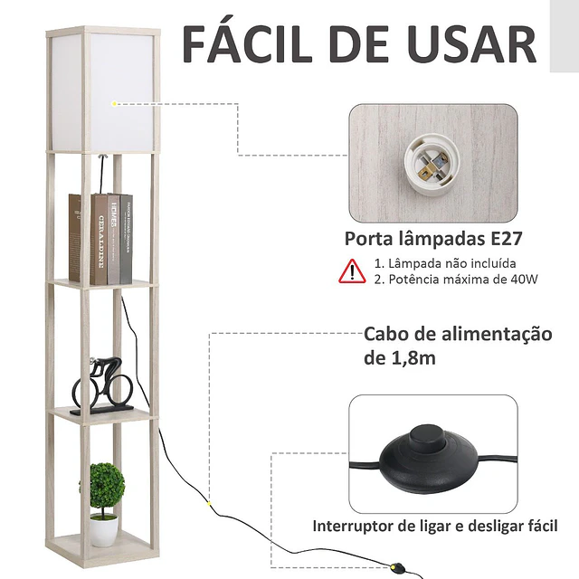Candeeiro de pé de madeira com 3 prateleiras de armazenamento para lâmpada e27 potência máx. 40w candeeiro moderno para sala de estar dormitório 26x26x160cm carvalho e branco