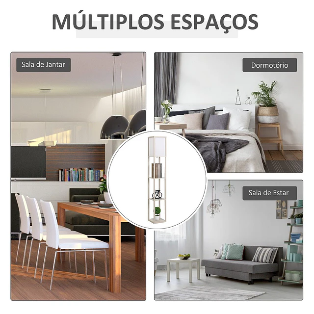 Candeeiro de pé de madeira com 3 prateleiras de armazenamento para lâmpada e27 potência máx. 40w candeeiro moderno para sala de estar dormitório 26x26x160cm carvalho e branco