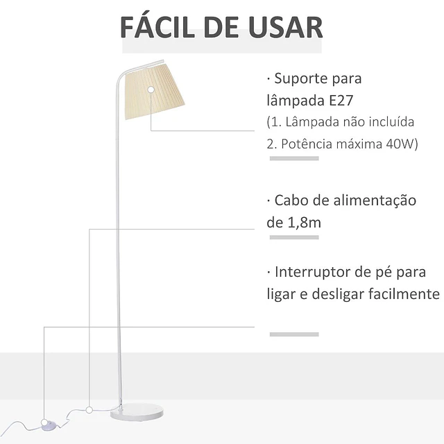 Candeeiro de pé com ecrã de linho plissado interruptor de pedal para dormitório sala de estar ø25x165cm branco e creme