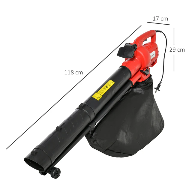 3 em 1 aspirador soprador e triturador de folhas elétrico potência 3000w velocidade de 270km/h com bolsa coletora 45l e 2 rodas 118x17x29cm preto