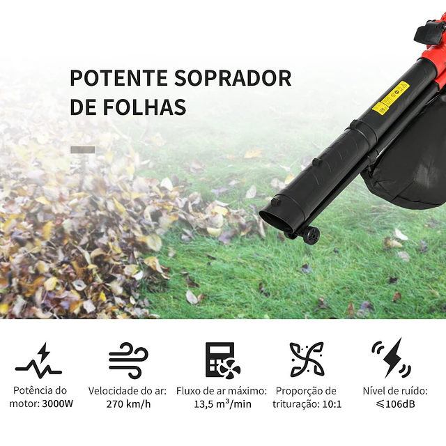 3 em 1 aspirador soprador e triturador de folhas elétrico potência 3000w velocidade de 270km/h com bolsa coletora 45l e 2 rodas 118x17x29cm preto