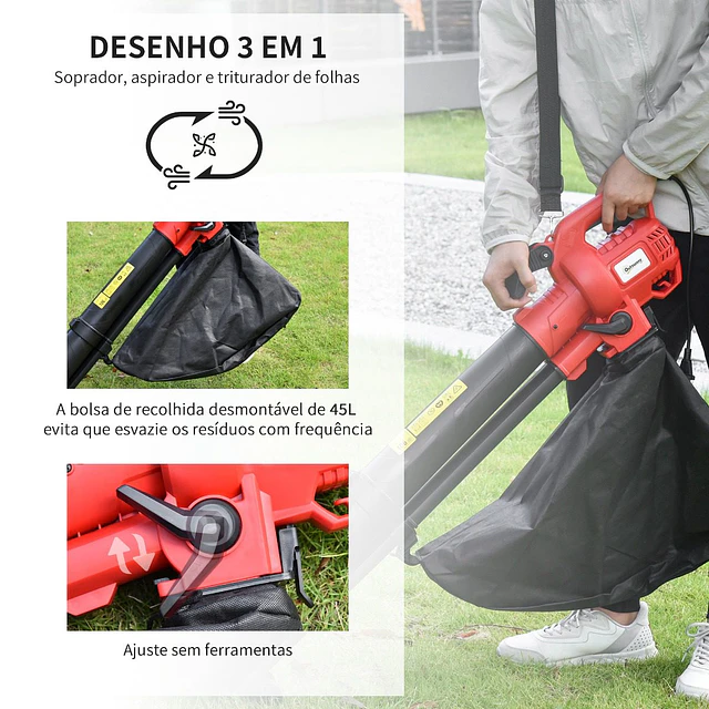 3 em 1 aspirador soprador e triturador de folhas elétrico potência 3000w velocidade de 270km/h com bolsa coletora 45l e 2 rodas 118x17x29cm preto
