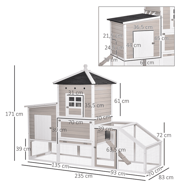 Galinheiro de madeira para exterior gaiola grande para galinhas com casas de 2 níveis zona aberta ninho bandeja removível e teto asfástico 235x83x171cm cinza