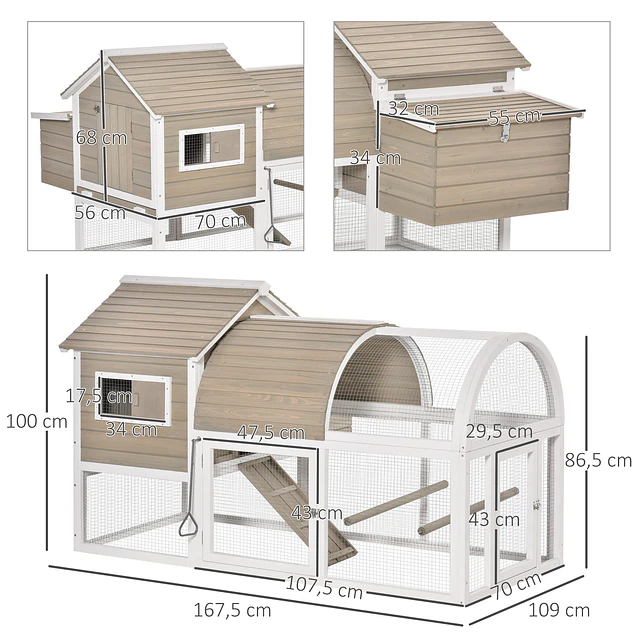 Galinheiro exterior de madeira de abeto com zona aberta chocadeira barras bandeja removível e rampa 180×80,5x130cm natural e branco