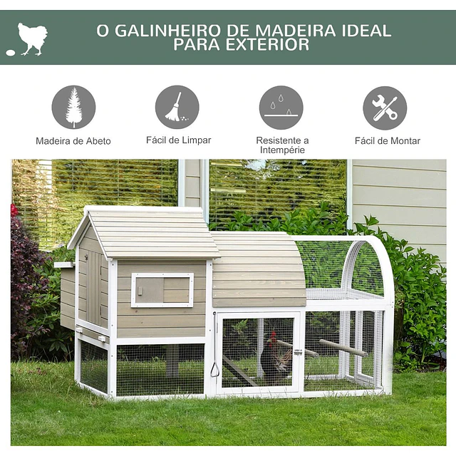 Galinheiro exterior de madeira de abeto com zona aberta chocadeira barras bandeja removível e rampa 180×80,5x130cm natural e branco