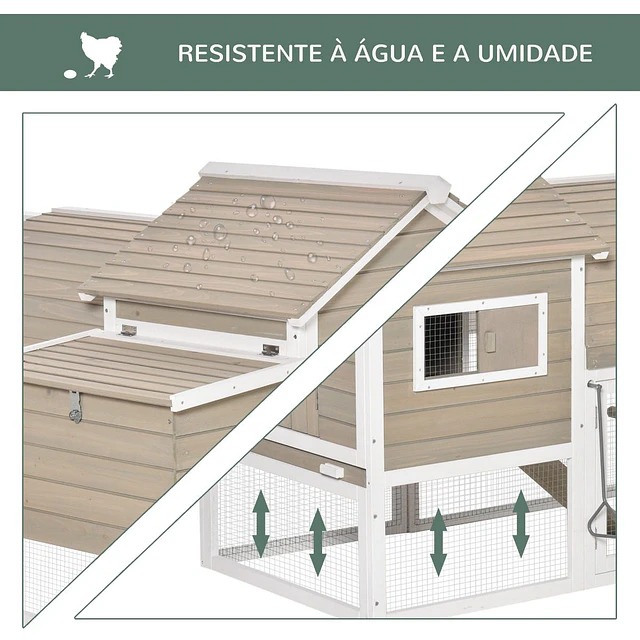 Galinheiro exterior de madeira de abeto com zona aberta chocadeira barras bandeja removível e rampa 180×80,5x130cm natural e branco